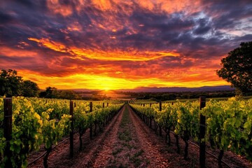 Fototapeta premium Winery Sonoma. Dramatic Sunset Sky over Vineyard, California Wine Country