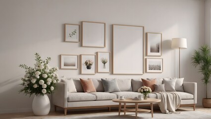 A close up living room interior with an empty mock-up poster frame on the wall, wooden console with a few decorative items and flowers interior 3d illustration image.