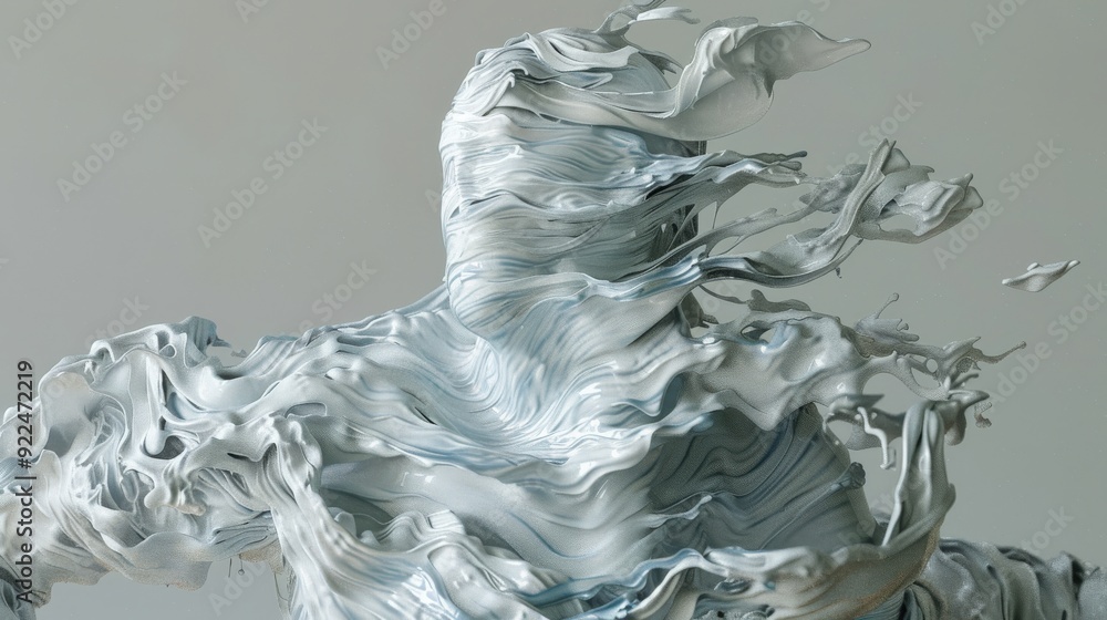 Poster an abstract figure seemingly formed from fluid-like materials swirls and transforms in shades of blu