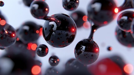   A cluster of red and black spheres hovering above a white backdrop, bathed in red illumination