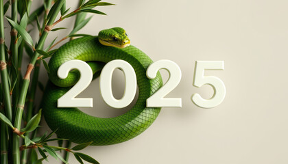 2025 Numbers Entwined with Vibrant Green Snake: Symbolic New Year Concept with Nature Elements on Textured Background