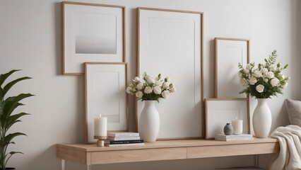 A close up living room interior with an empty mock-up poster frame on the wall, wooden console with a few decorative items and flowers ai generated interior image.