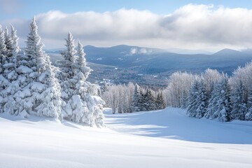Obraz premium Vermont Snow. Stowe Ski Resort Panorama of Mansfield Mountain Slopes with Fresh December Snow on Trees