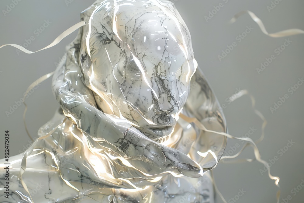 Poster a marble-like sculpture wrapped in translucent material features delicate ribbons intertwined, creat