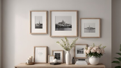 A close up living room interior with an empty mock-up poster frame on the wall, wooden console with a few decorative items and flowers ai generated interior image.