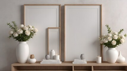 A close up living room interior with an empty mock-up poster frame on the wall, wooden console with a few decorative items and flowers ai generated interior image.