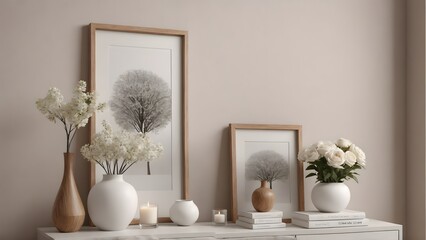 A close up living room interior with an empty mock-up poster frame on the wall, wooden console with a few decorative items and flowers ai generated interior image.