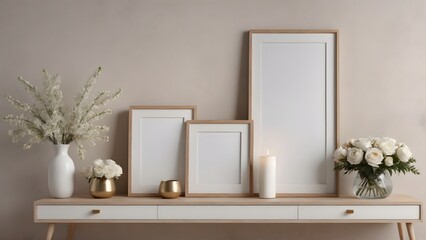 A close up living room interior with an empty mock-up poster frame on the wall, wooden console with a few decorative items and flowers ai generated interior image.