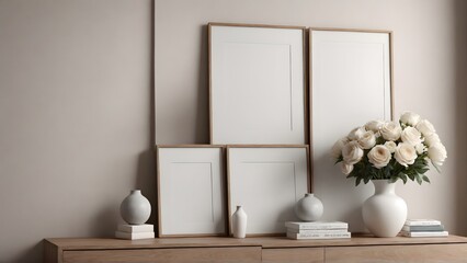 A close up living room interior with an empty mock-up poster frame on the wall, wooden console with a few decorative items and flowers ai generated interior image.
