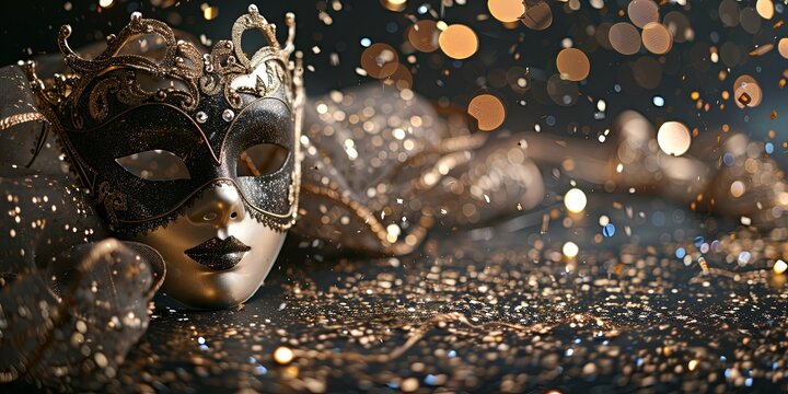 Elegant black and gold venetian mask with glitter and bokeh.