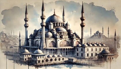 Obraz premium watercolor sketch of the Yeni Cami (New Mosque) in Istanbul