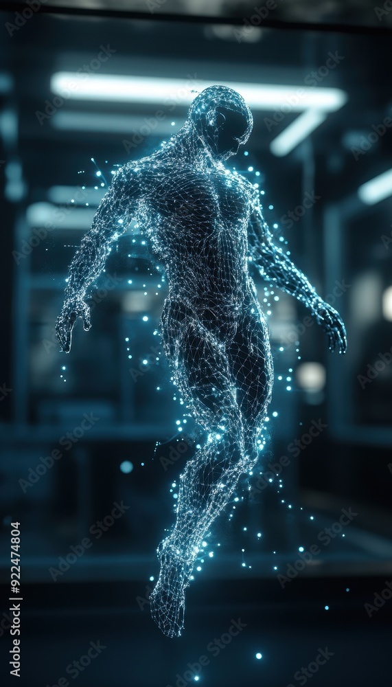 Poster A digital human figure made of particles, emerging in a futuristic setting with glowing lines and ambient light.