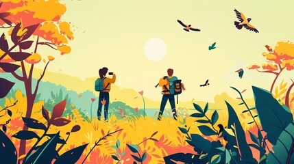 Fototapeta premium Create a illustration of a Birdwatcher with binoculars and field guidein a kawaii style, simplified to feature fewer elements for a cleaner look, Use a color palette that is appealing to childr