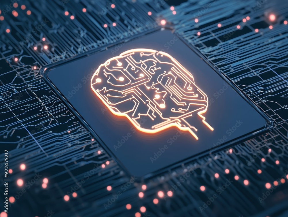 Poster neon brain circuit board representing artificial intelligence, deep learning, and advanced technolog