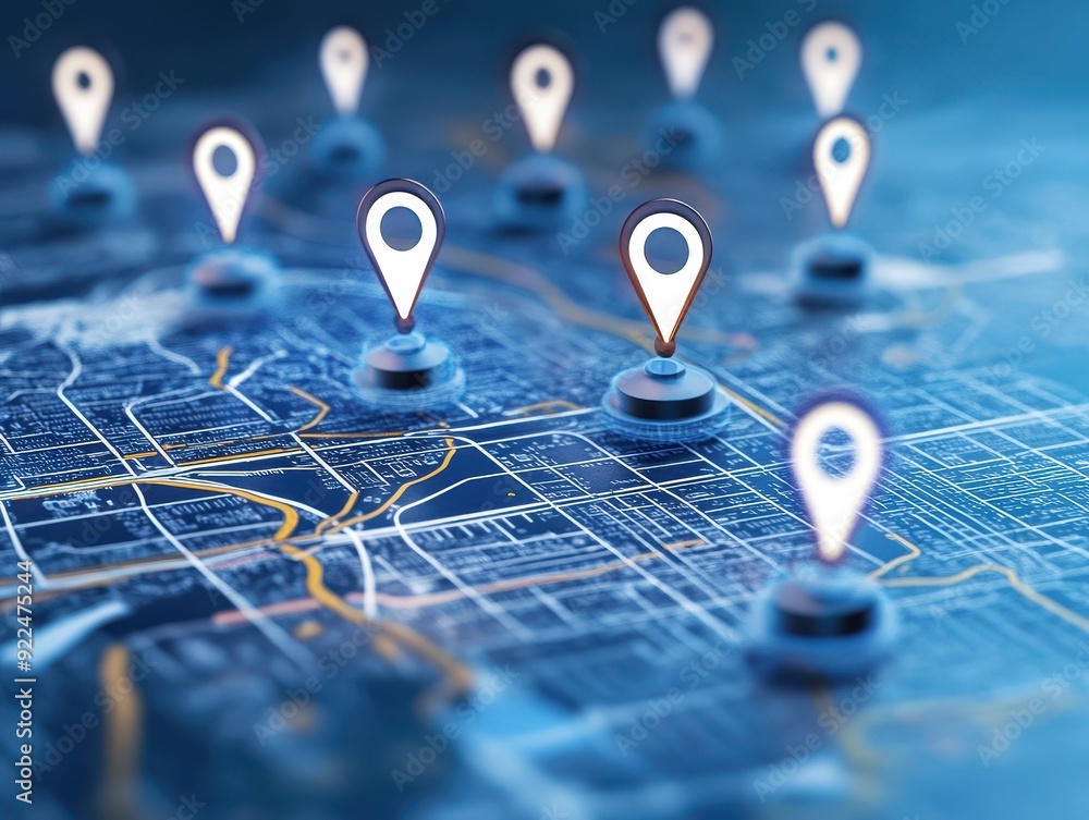 Poster Modern map interface with multiple location pins symbolizing navigation, travel, and geolocation in a digital landscape.