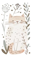 Cute cartoon cat illustration with abstract floral elements on white background.