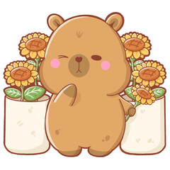 Capybara with two vase of sunflowers