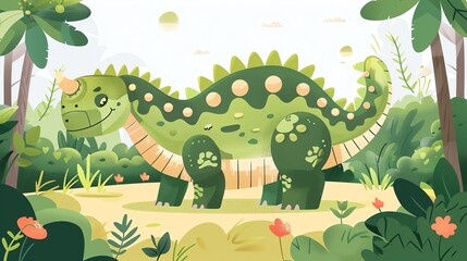 Create a vector illustration of a Ankylosaurus with its armored platesin a kawaii style, simplified to feature fewer elements for a cleaner look, Use a color palette that is appealing to children, wit