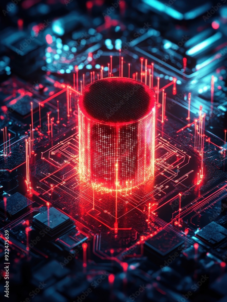 Leinwandbilder High-tech digital circuit with glowing red hologram representing modern data technology and futuristic innovation.