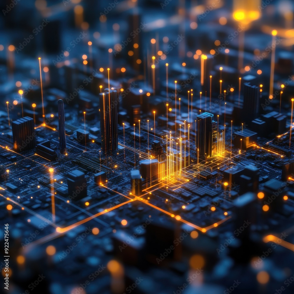 Aufkleber High-tech cityscape with illuminated lines and glowing nodes representing data communication and futuristic network infrastructure.
