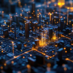 High-tech cityscape with illuminated lines and glowing nodes representing data communication and futuristic network infrastructure.
