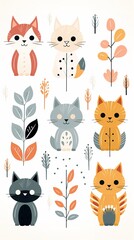 Cute cartoon cat illustrations with floral elements.
