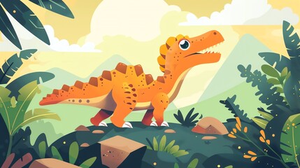 Create a illustration of a Carnotaurus in a rocky landscapein a kawaii style, simplified to feature fewer elements for a cleaner look, Use a color palette that is appealing to children, with br