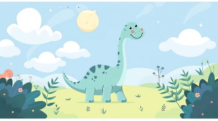 a Apatosaurus with a long neckin a kawaii style, simplified to feature fewer elements for a cleaner look, Use a color palette that is appealing to children, with bright
