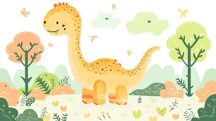 Create a illustration of a Apatosaurus with a long neckin a kawaii style, simplified to feature fewer elements for a cleaner look, Use a color palette that is appealing to children, with bright