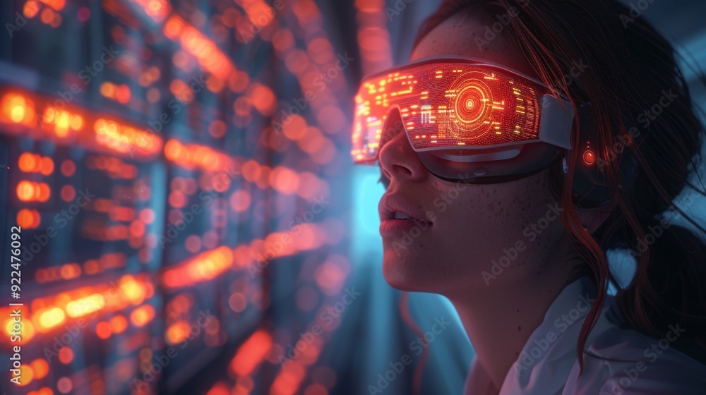 Poster illustrate a futuristic workspace where professionals use vr goggles to collaborate on projects invo