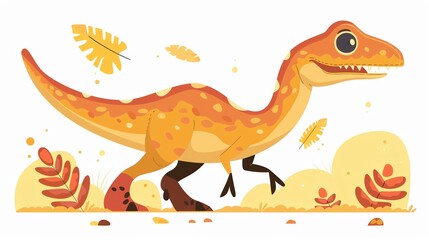 Fototapeta premium Create a illustration of a Compsognathus in a dinosaur flockin a kawaii style, simplified to feature fewer elements for a cleaner look, Use a color palette that is appealing to children, with b