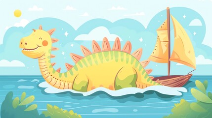 Fototapeta premium Create a illustration of a Dimetrodon with a sailin a kawaii style, simplified to feature fewer elements for a cleaner look, Use a color palette that is appealing to children, with bright and c
