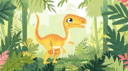 Create a illustration of a Troodon in a Cretaceous forestin a kawaii style, simplified to feature fewer elements for a cleaner look, Use a color palette that is appealing to children, with brig