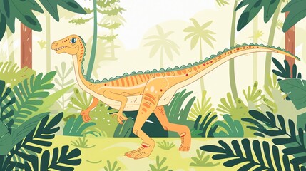 Create a illustration of a Troodon in a Cretaceous forestin a kawaii style, simplified to feature fewer elements for a cleaner look, Use a color palette that is appealing to children, with brig