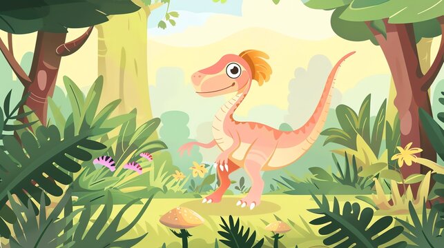 Create a illustration of a Troodon in a Cretaceous forestin a kawaii style, simplified to feature fewer elements for a cleaner look, Use a color palette that is appealing to children, with brig