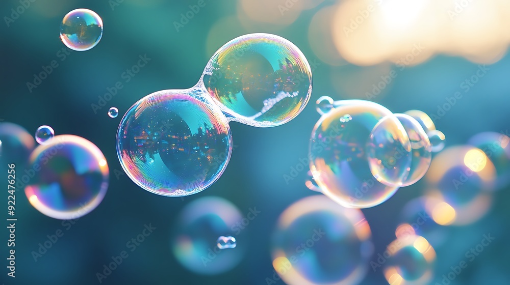 Poster multicolored soap bubbles floating in air, blurred background