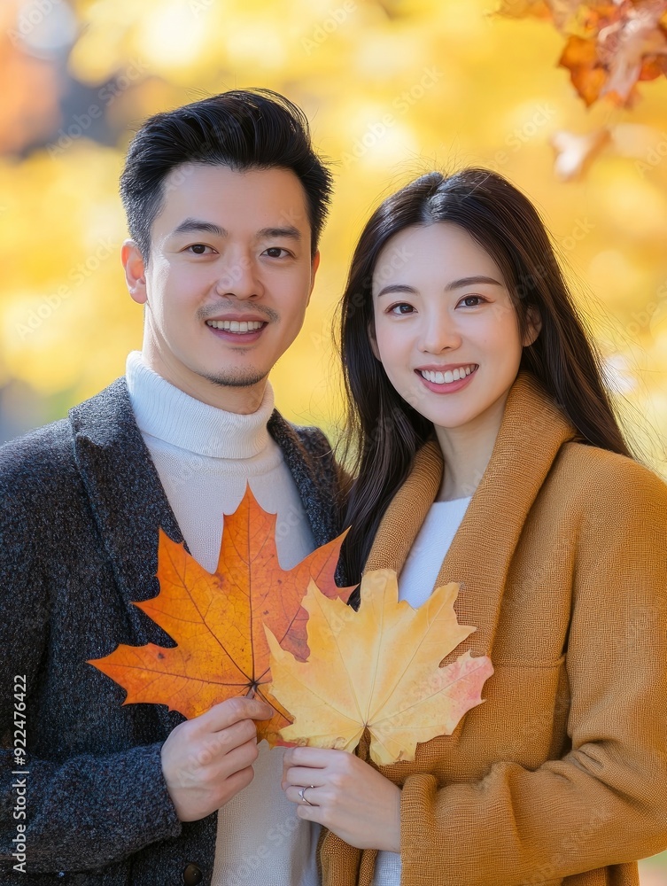 Wall mural Handsome lovely asian woman and man couple in the fall season autumn landscape sunny day, trees and leaves background, holding colorful maple leafs