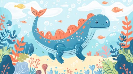 Create a illustration of a Plesiosaurus swimming in the oceanin a kawaii style, simplified to feature fewer elements for a cleaner look, Use a color palette that is appealing to children, with