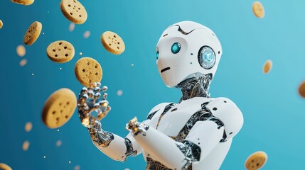 Naklejka premium Futuristic robot interacting with floating cookies, depicting a blend of technology and whimsy in a vibrant blue backdrop.