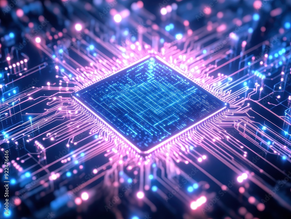 Poster Futuristic processor with glowing circuits, representing advanced technology, digital data, and fast computing performance.