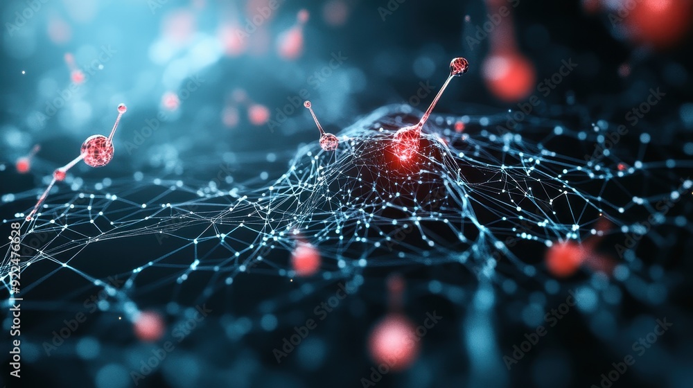 Poster futuristic network of interconnected nodes with a glowing central point, representing data transmiss