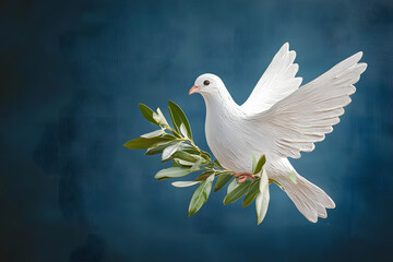 Dove of peace concept. Symbol of freedom and international day of peace. Chalk painted dove with olive branch