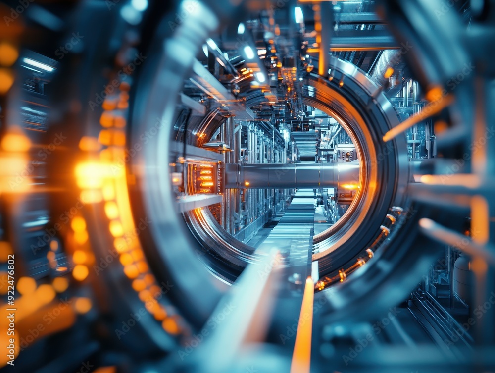 Poster futuristic industrial machinery with intricate metal structures and orange lights creating a high-te