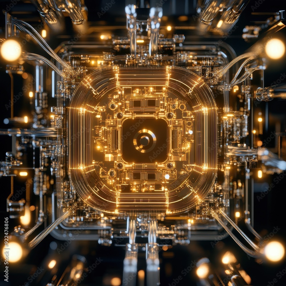 Poster futuristic microchip with intricate golden circuitry, showcasing advanced technology and innovation 