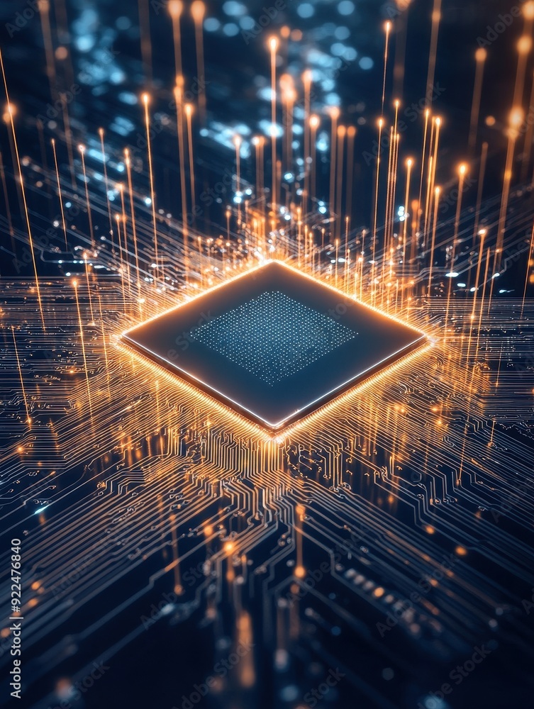 Poster Futuristic microchip with glowing circuits, representing advanced technology and innovation in computing hardware and semiconductor industry.