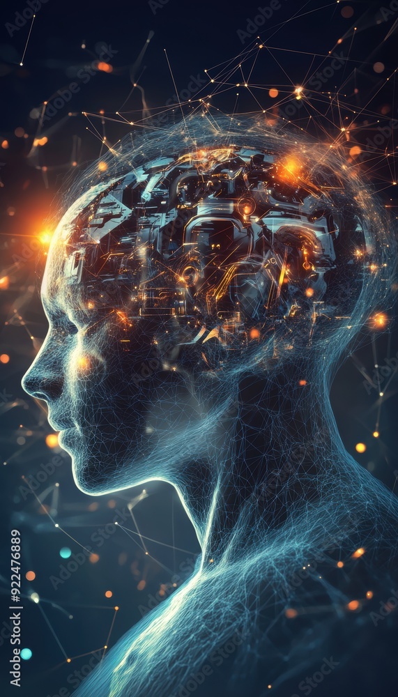 Fototapete futuristic human head with glowing neural network connections representing artificial intelligence a