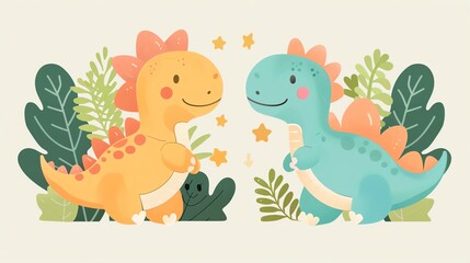 Create a illustration of a Allosaurus stalking preyin a kawaii style, simplified to feature fewer elements for a cleaner look, Use a color palette that is appealing to children, with bright and