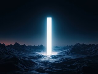 Futuristic glowing monolith in dark, surreal landscape with mountains. Mysterious, sci-fi atmosphere, abstract concept, and ethereal light.