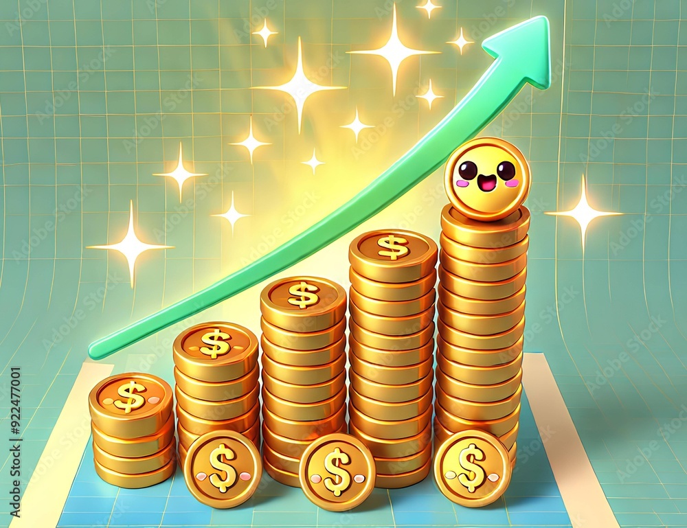 Wall mural 3d cartoon of a growing coin stack with each coin glowing, symbolizing accumulating profit and wealt