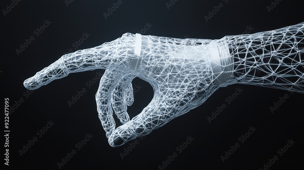 Aufkleber futuristic digital wireframe hand gesture on black background, representing innovative technology an